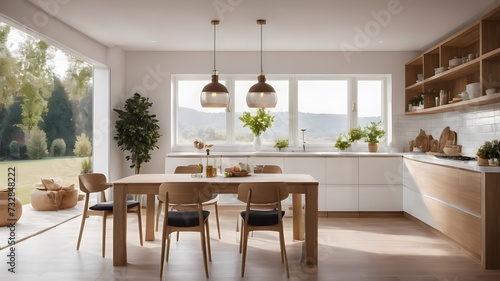 Minimalist composition of elegant kitchen space with round table, rattan chair, vase with leaf, pedant lamp and personal accessories. Minimalist home decor. Beige wall. Template.