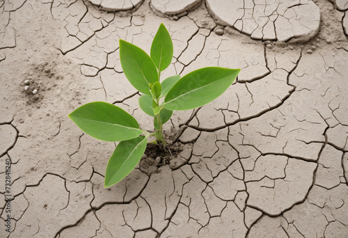 A thriving green plant emerges from the parched, cracked earth symbolizing the resilience of nature in a harsh desert environment 