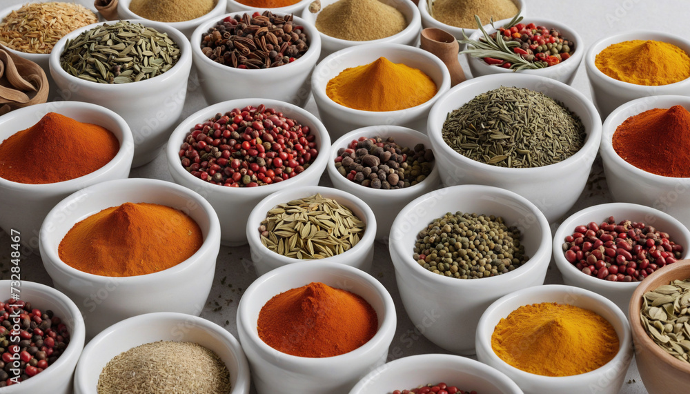 A collection of various aromatic spices in bowls, showcasing the rich diversity of Indian condiments, all isolated on a white background for a beautiful culinary composition A collection of various aromatic spices in bowls, showcasing the rich diversity of Indian condiments, all isolated on a white background for a beautiful culinary composition