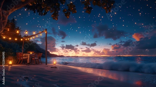 Romantic beach dinner setup, a table for two under a canopy of stars, gentle waves providing the perfect soundtrack