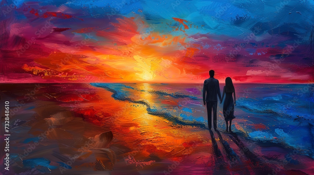 Romantic beach sunset, a couple walking hand-in-hand along the shoreline, their silhouettes against the colorful sky