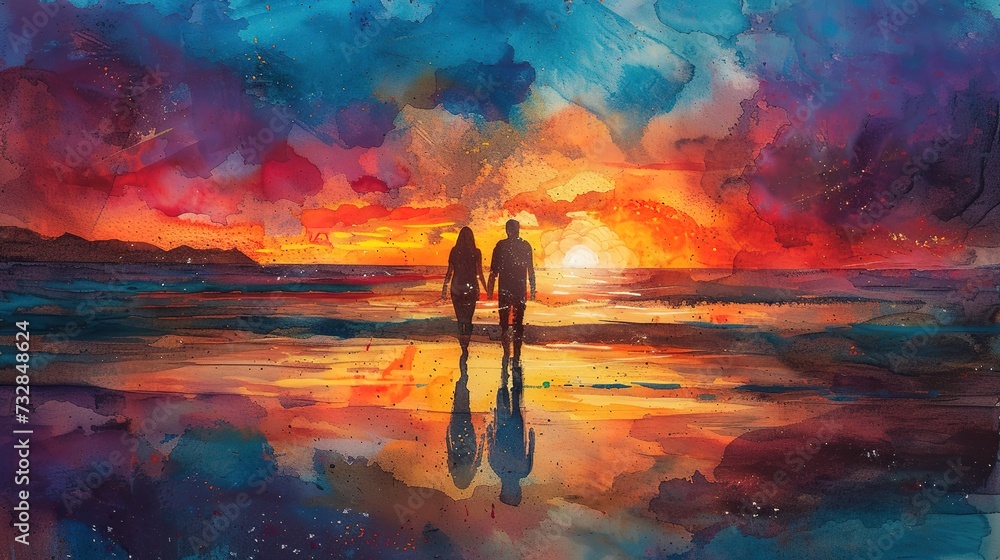 Romantic beach sunset, a couple walking hand-in-hand along the shoreline, their silhouettes against the colorful sky -