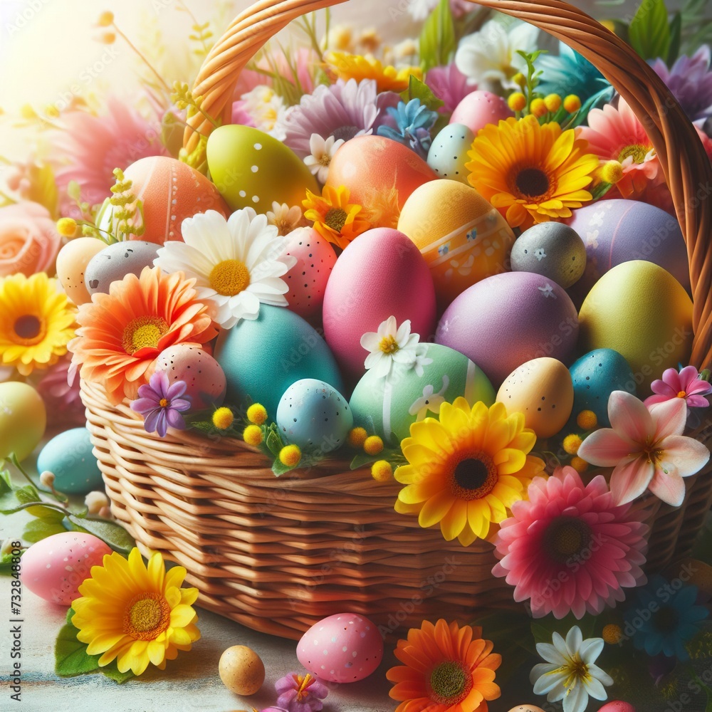 Close-up of a vibrant Easter basket filled with colorful eggs and spring flowers Joyful and festive Perfect for Easter-themed designs Close-up of a vibrant Easter basket filled with colorful eggs and spring flowers Joyful and festive Perfect for Easter-themed designs