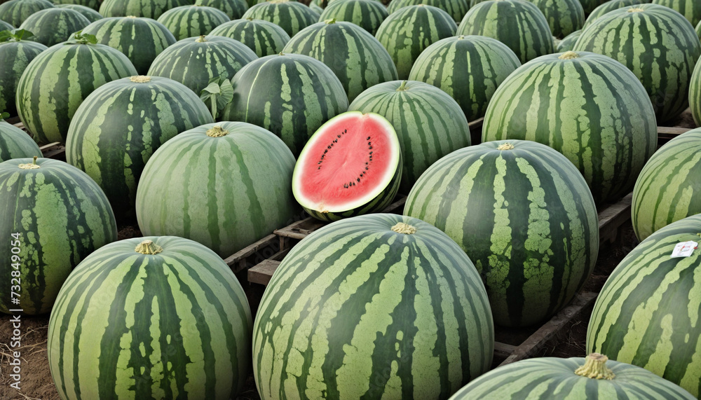 Harvesting mature watermelons in the green field, with a blurred background depicting nature and farming 
