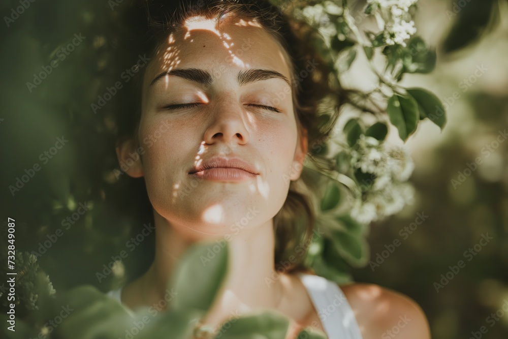 A woman with her eyes closed, lying in a tree. A woman with her eyes closed, lying in a tree.