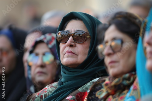 A group of women gathered together, all wearing sunglasses and scarves.