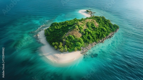 Secluded island with a single white sandy beach curving around a dense jungle heart, the epitome of untouched beauty 