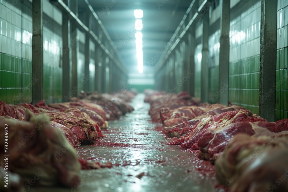 Beef and cattle, in a dirty slaughterhouse with few hygienic conditions. - obrazy, fototapety, plakaty 
