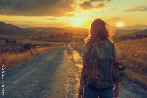 Young woman pursues her own independent path, walks backwards towards the sunset. Copy space.
