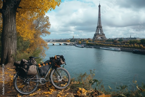 A bike is parked next to a tree, situated near a river in Paris.