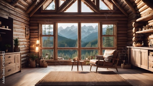 cozy log cabin interior living room with sofa and fire place and window view of mountains and lake, mockup © monu