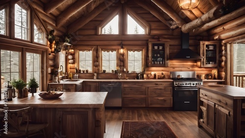 cozy log cabin interior kitchen and  window view of mountains and lake, mockup
