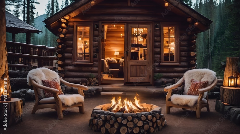 cozy log cabin interior outdoor terrace and fire place and window view of mountains and lake, mockup
