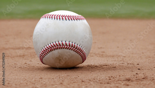 "Red leather baseball isolated on field, suitable for sport and recreation"