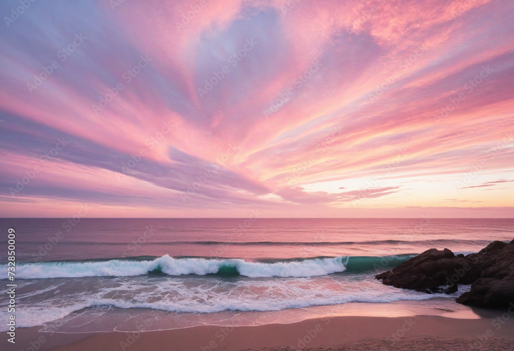 Naklejka premium Pink and Dreamy Sunset Skies over the Serene California Coastline kissed by Generative AI