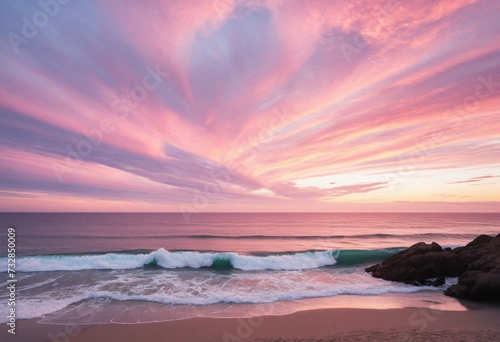 Pink and Dreamy Sunset Skies over the Serene California Coastline kissed by Generative AI