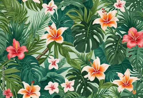 Tropical Paradise  Exotic Leaf and Floral Tile Pattern in Vibrant Pastel Colours