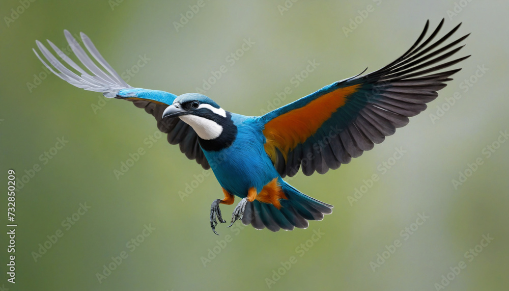 Fototapeta premium Vibrant Avian Abstract in Flight: A colorful artistic representation of a high-coloured bird in flight, with bold and bright colours standing out against an abstract background 