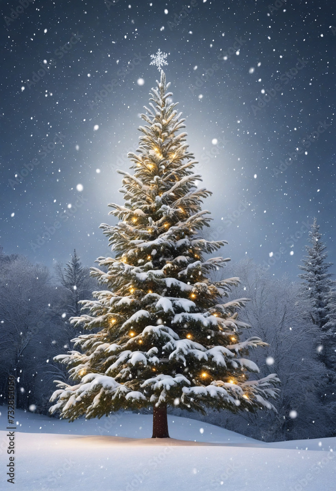 Winter Wonderland: A Magical Christmas Scene with Falling Snow and a Majestic Pine Tree