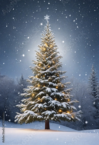 Christmas tree and snow falling in winter