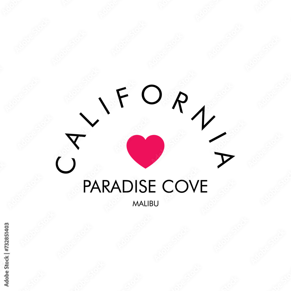 vector image written california paradise cove, malibu, with red heart print style. Vector for silkscreen, dtg, dtf, t-shirts, signs, banners, Subimation Jobs or for any application