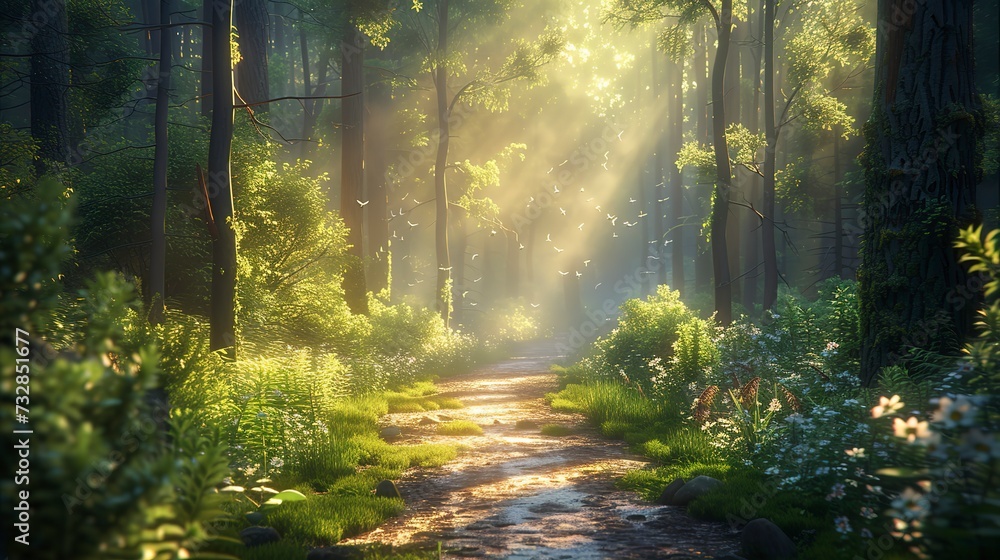 Obraz premium Sun-dappled forest path, early morning mist rising, birds chirping softly, serene and inviting for a tranquil walk 