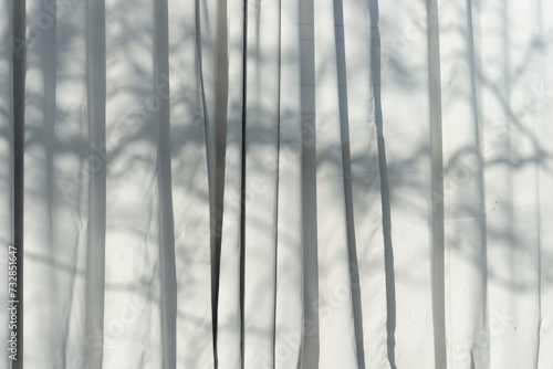drawn curtains and shadows of branches inside a window with slight reflection
