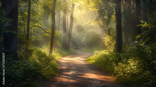 Sun-dappled forest path  early morning mist rising  birds chirping softly  serene and inviting for a tranquil walk