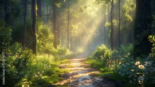 Sun-dappled forest path, early morning mist rising, birds chirping softly, serene and inviting for a tranquil walk 