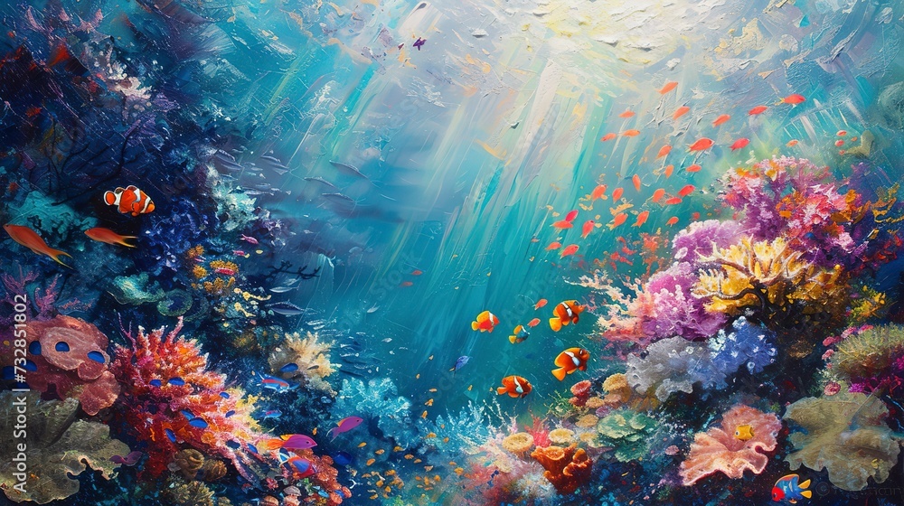 Sunlight filtering through the ocean surface, illuminating a vibrant coral reef bustling with colorful marine life