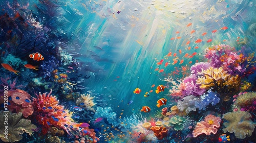 Sunlight filtering through the ocean surface, illuminating a vibrant coral reef bustling with colorful marine life