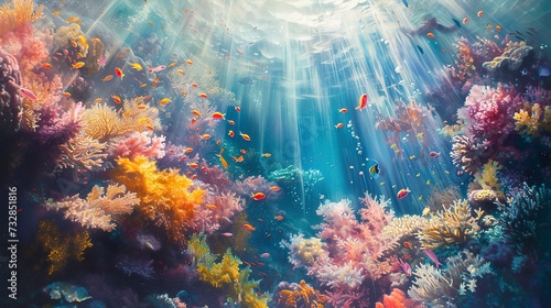Sunlight filtering through the ocean surface, illuminating a vibrant coral reef bustling with colorful marine life 