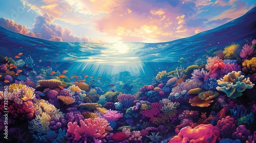 Sunlight filtering through the ocean surface  illuminating a vibrant coral reef bustling with colorful marine life 