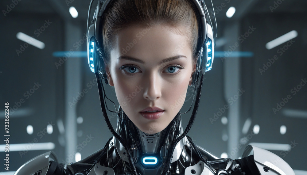 Modern Cybernetic Portrait of a High-Tech Female Robot for Editorial and Commercial Projects Modern Cybernetic Portrait of a High-Tech Female Robot for Editorial and Commercial Projects