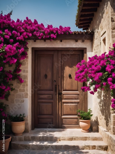 wooden door on a white wall, with blooming bougainvillea © monu