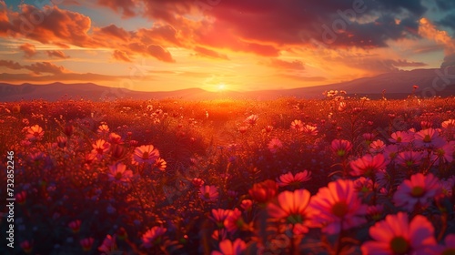 Sunset over a wildflower field, the sky painted in vivid hues of orange and pink, casting a warm glow over the flowers 