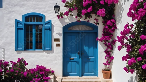 Antique wooden door of blue color in background or white wall with pots and blooming bougainvillea. Andalucia.