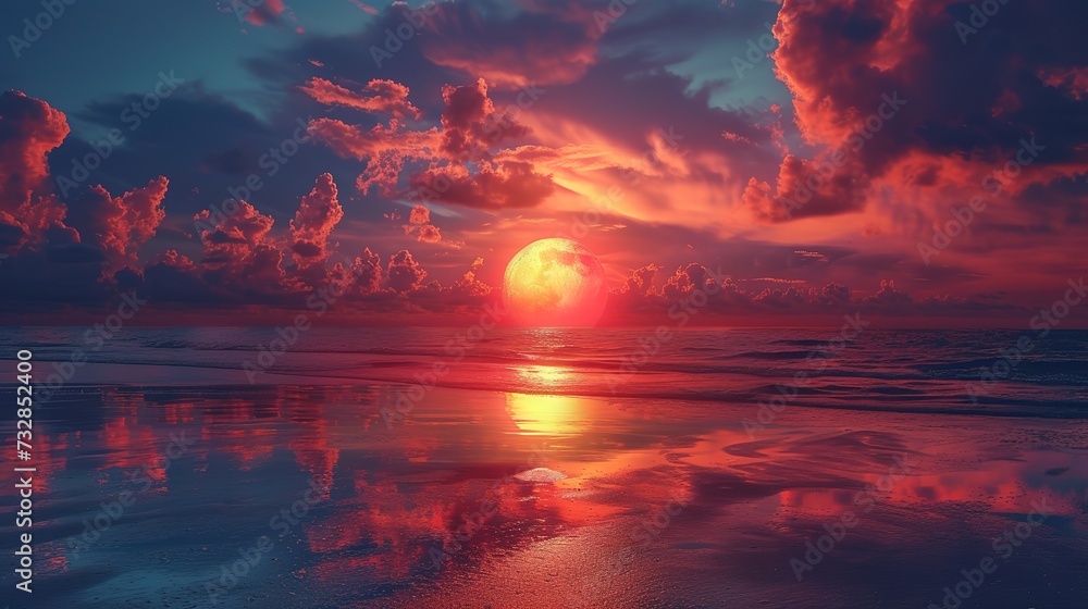 Surreal beach sunset, exaggerated colors and dreamlike clouds, the sun a giant orb touching the horizon, casting long shadows 