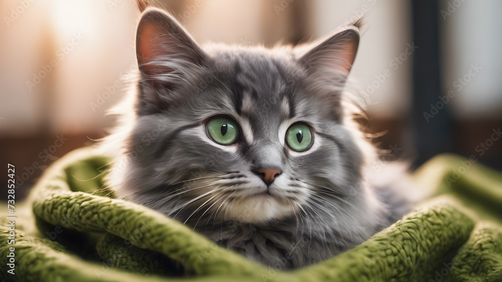 portrait of a fluffy grey cat resting on the green blanket 