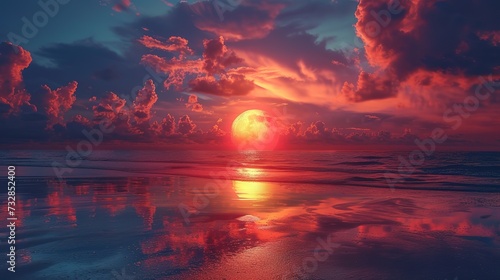 Surreal beach sunset, exaggerated colors and dreamlike clouds, the sun a giant orb touching the horizon, casting long shadows 