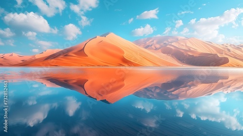 Surreal desert landscape with giant dunes flowing into a crystal-clear lake, mirroring the sky and sand in perfect harmony