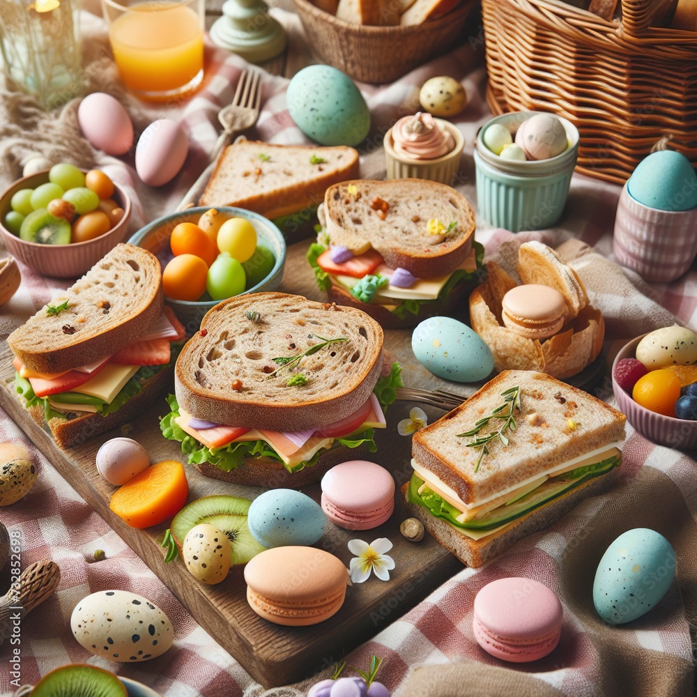 Close-up of a rustic Easter picnic spread on a checkered blanket, featuring homemade sandwiches, fresh fruits, and pastel-colored macarons Cozy and inviting Perfect for Easter picnic-themed designs Close-up of a rustic Easter picnic spread on a checkered blanket, featuring homemade sandwiches, fresh fruits, and pastel-colored macarons Cozy and inviting Perfect for Easter picnic-themed designs