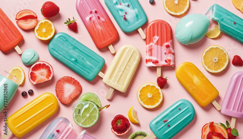 top view of colorful popsicle ice creams, in a row, generative ai