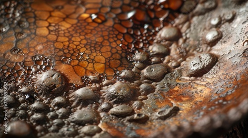 Macro photography of a tarnished silver object, focusing on the detailed texture and tarnish patterns with natural lighting