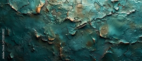Sunlit view of a copper alloy surface with verdigris patina, capturing its greenish-blue texture photo