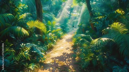 Tropical jungle trail, dense foliage, exotic birds singing, sunlight creating patterns on the vibrant undergrowth