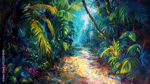 Tropical jungle trail, dense foliage, exotic birds singing, sunlight creating patterns on the vibrant undergrowth 