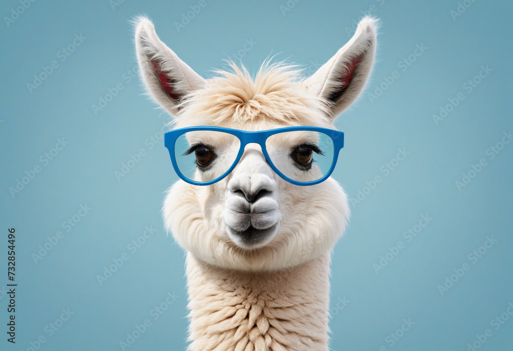 Cute alpaca illustration with fluffy white fur and trendy blue sunglasses on a brown background Cute alpaca illustration with fluffy white fur and trendy blue sunglasses on a brown background