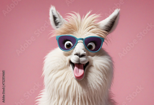 Laughing llama with fluffy fur and big eyes on a pink background