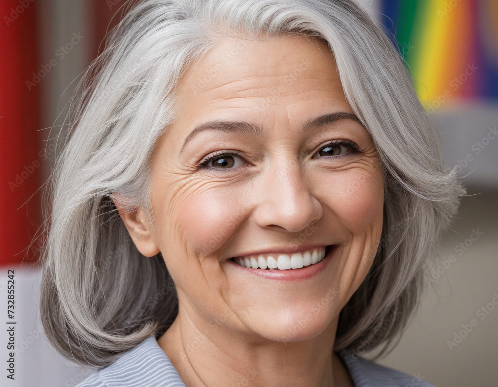 Happy mature woman with a radiant smile posing in front of a rainbow LGBTQ flag, representing diversity and pride in lifestyle Happy mature woman with a radiant smile posing in front of a rainbow LGBTQ flag, representing diversity and pride in lifestyle